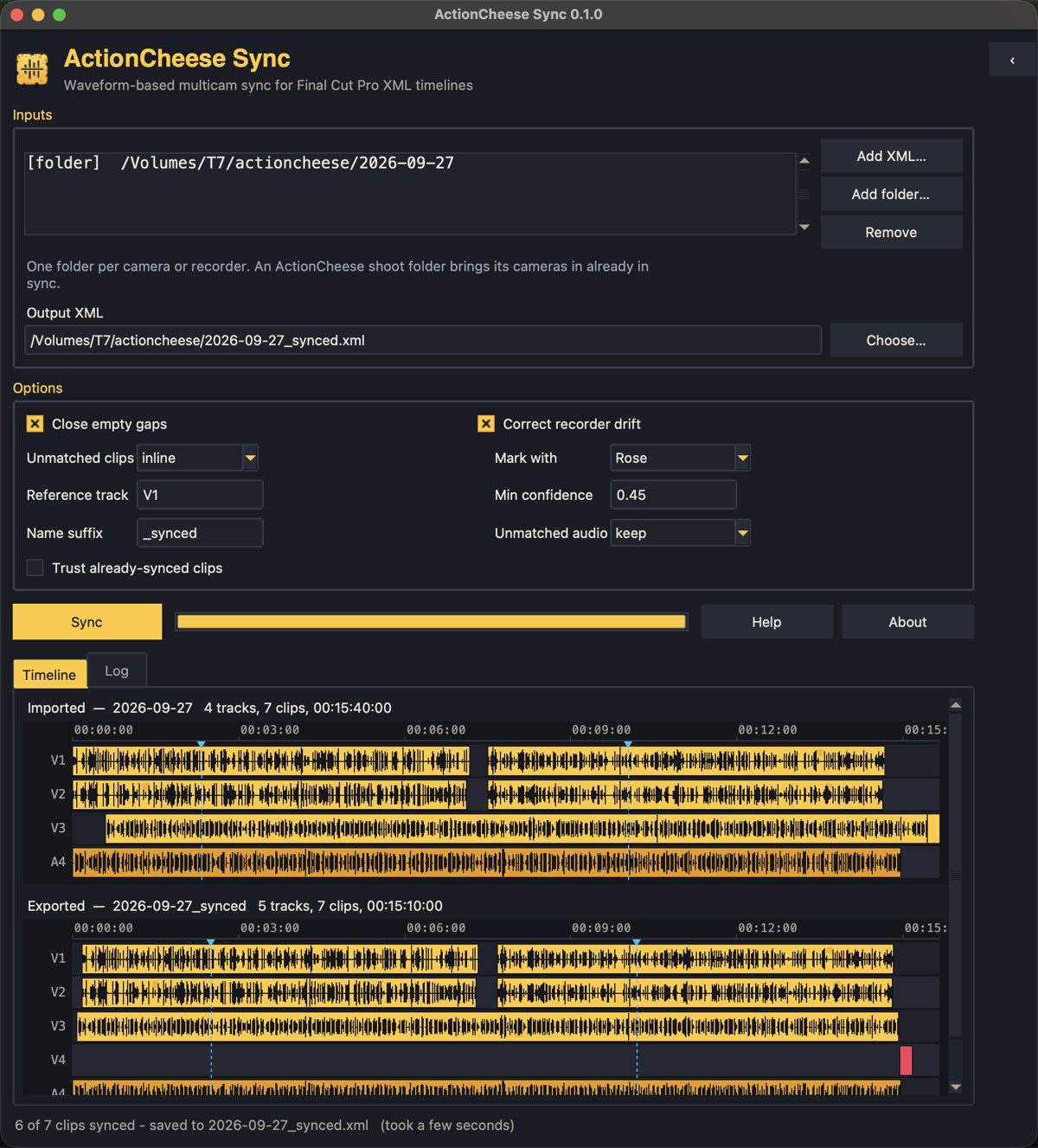 A multicam timeline lined up by sound in ActionCheese Sync